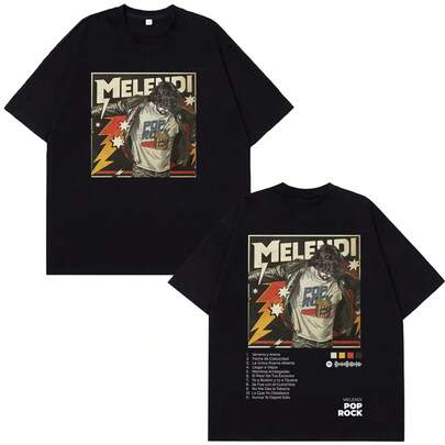 Camiseta de algodón vintage de manga corta casual para hombre y mujer, estilo hip hop, con estampado del álbum y gira 2026 de Melendi, pop rock