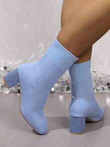 Women's Square Toe Chunky Heel Mid-Calf Boots, Autumn/Winter High Heel Boots, Elegant Versatile Style - Baby Blue - View 3