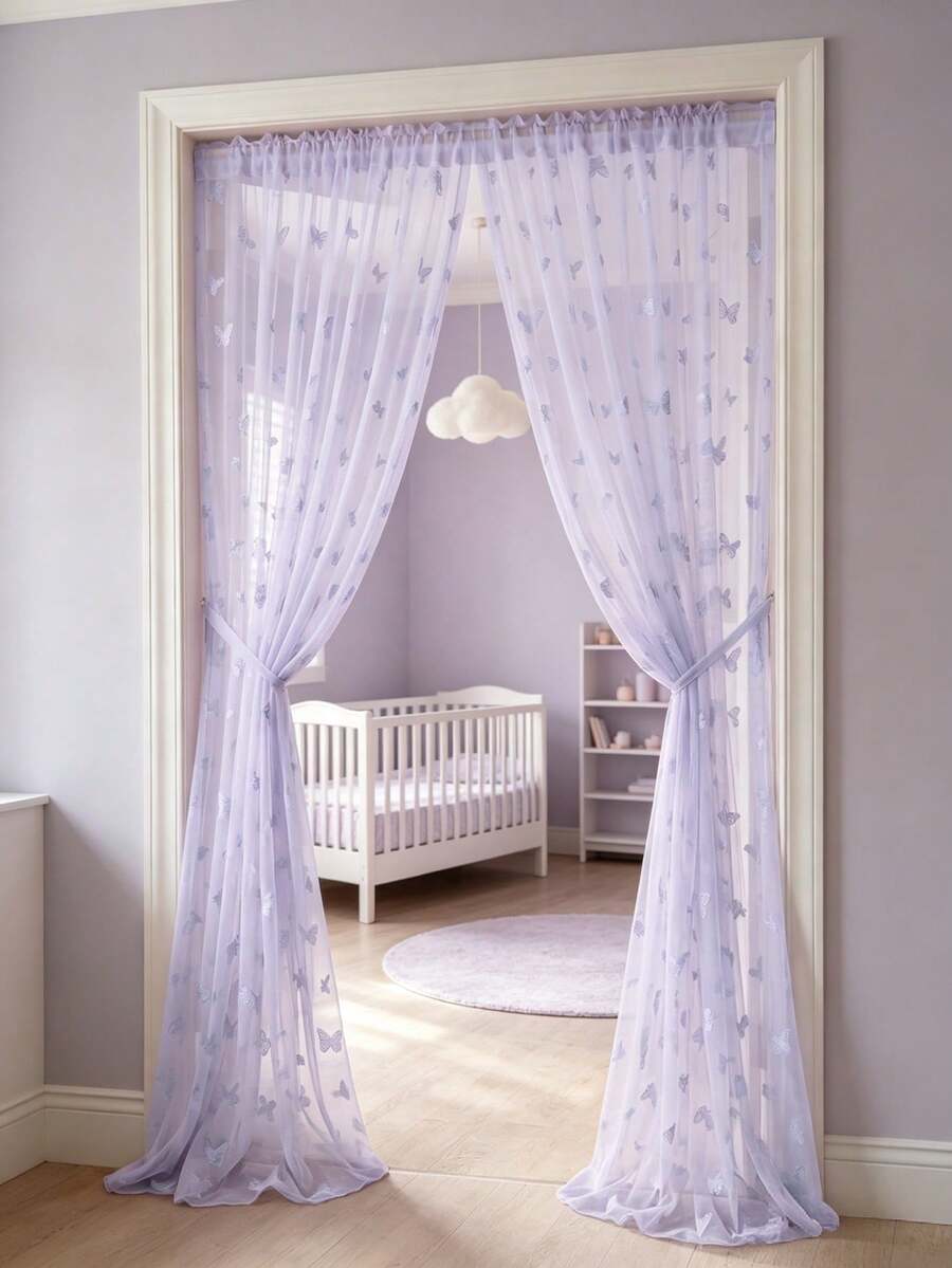 1pc Purple Butterfly Door Curtain, Nursery Door Curtain, Bedroom Door Curtain, Wall Decor Backdrop, Daycare Decor, Baby Shower Supplies, Bridal Shower, Girls Birthday Gift, Party Favor, 1st Birthday, Home Decor, Living Room Decor - Purple Butterfly - View 1