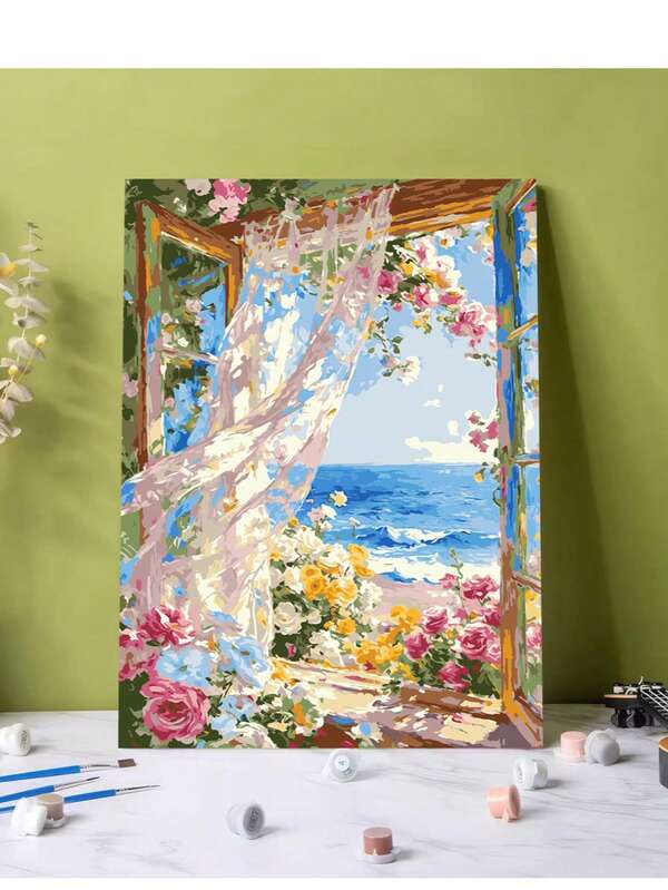 1pc Romantic Ocean View Window Floral DIY Adult Digital Oil Painting Unframed Set, Gentle Decoration For Living Room And Bedroom, Relaxing And Stress-Relieving Handmade Craft. Easy To Fill Color With Zero Foundation, Healing Seaside Atmosphere Painting, Perfect Gift For Holidays And Birthdays, Immersive Hand-Painting To Soothe Daily Fatigue, Suitable For Personal Use And Gifting 40*50CM