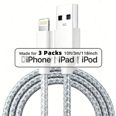 1 pièce Câble de charge 1m/2m/3 mètres de long, Câble de charge rapide USB-A vers 8-broches pour iPhone, Câble de données tressé en nylon, Compatible avec iPhone 14/13/12/11 Pro Max XR XS X/8/7/6s Plus 5s SE, Également compatible avec iPad, iPod et autres appareils