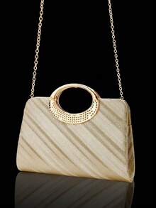 Gold Herringbone Sparkling Rhinestone Evening Clutch, Luxurious Glamorous Shiny Diamond Dress Handbag, Necklace Earrings Bracelet 3 Pieces Set, Gala - Champagne - View 4