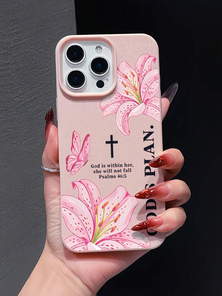 1pc Pink Lychee Texture Matte Minimalist Lens Protection Pink Lily Bible Pattern Phone Case Personalized Compatible With IPhone 16 Pro Max/17/16/15/14 Plus/13/12/11 Protective Case Air - Multicolor - View 1