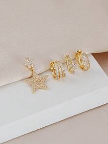 Set de 4 piezas de exquisitos clips y pendientes de estrella de circonita cúbica, aretes apilables de varias capas, adecuados para uso diario, citas y fiestas de mujeres - Amarillo Oro - Ver 3