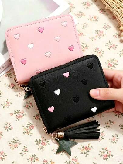 Women's Tassel ID Card Holder, Cute Coin Purse, Zipper Credit Card Wallet, Fashion Minimalist Heart Embroidery Wallet, Gift, Heart-Shaped Wallet (Random Heart Pattern), Women's Wallet, Wallet, Wristlet Wallet