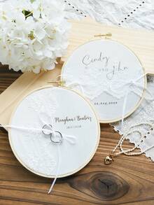 Takeoak 1pc Customized Lace Wedding Ring Pillow, Personalized Ring Holder With Name And Date Engraving, Pearl Bowknot, Rustic Elegant Round Ring Cushion, Multi-Layer Ring Display, Romantic Bridal Ceremony Decor, Engagement Anniversary Gift, Wedding Accessory - Multicolor - View 6