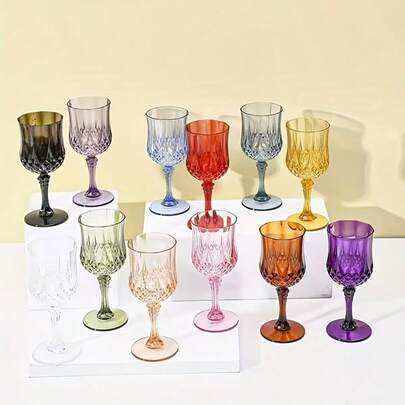 12/24 Pack 7 Oz Vintage Ribbed Plastic Wine Glasses, French Embossed Diamond Pattern Stemmed Goblets In Blue, Gold, Green, Pink And Rose Gold, Shatterproof Reusable Party Drinkware For Weddings, Birthdays, Holidays And Banquets
