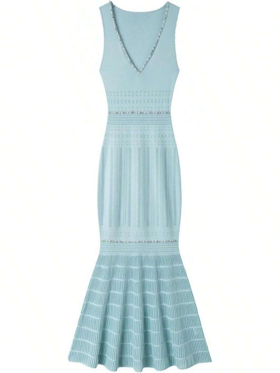 Falda de verano para mujer, corsé elástico con abalorio a rayas, cuello en V, sin mangas, vestido largo para fiesta - Negro - Ver 1