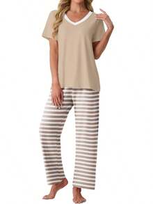 PrinStory - Conjunto de pijama suave de 2 piezas para mujer, conjunto de pijama casual de manga corta con bolsillos - Azul Cristantemo - Ver 15
