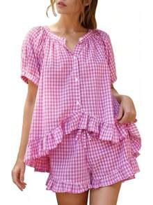 Flygo - Conjunto de pijama de cuadros para mujer, 2 piezas, de algodón, manga abombada, con volantes, conjunto de pijama de verano - Sandía - Ver 10