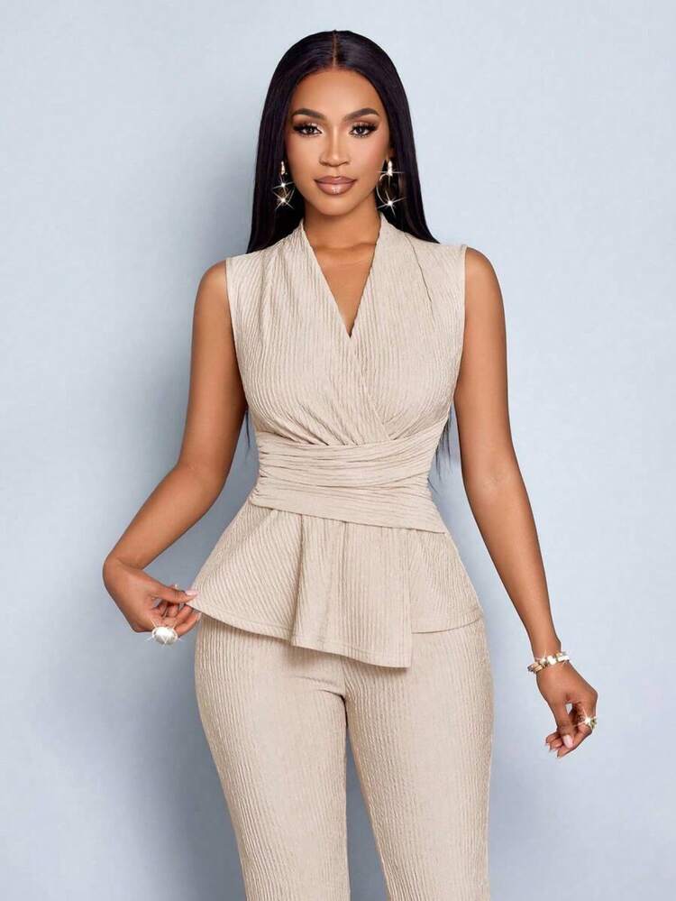 Conjunto de dos piezas de camiseta de manga larga con cuello en V elegante y pantalones de pierna ancha de color albaricoque para mujer, con - Negro - Añade 8