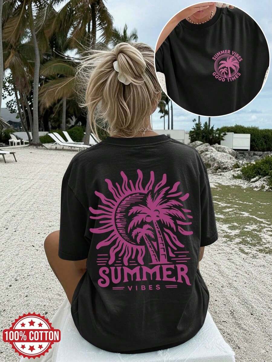 2026New Summer Collection,Women's Vintage-Style Sun And Palm Tree Print T Shirt | Casual Round Neck,Short Sleeve,Regular Version,Size:S-7XL;Sh - 黑色 - 查看 1