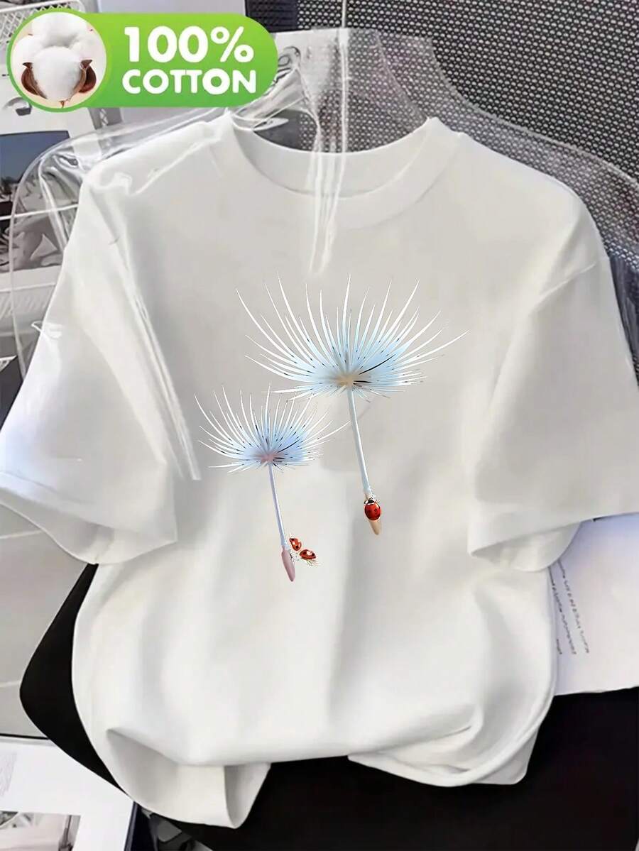 NUEVA camiseta de algodón 100% puro para mujer, con estampado de insectos y diente de león, cuello redondo, manga corta, cómoda para el hogar, ropa de mujer de alta calidad - Camiseta unisex - Blanco - Ver 1