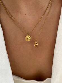 Stainless Steel Waterproof Fade-Resistant Vintage Cute Small Sun Moon Star Pattern Pendant Necklace Suitable For Women's Daily Wear - Gold - View 1