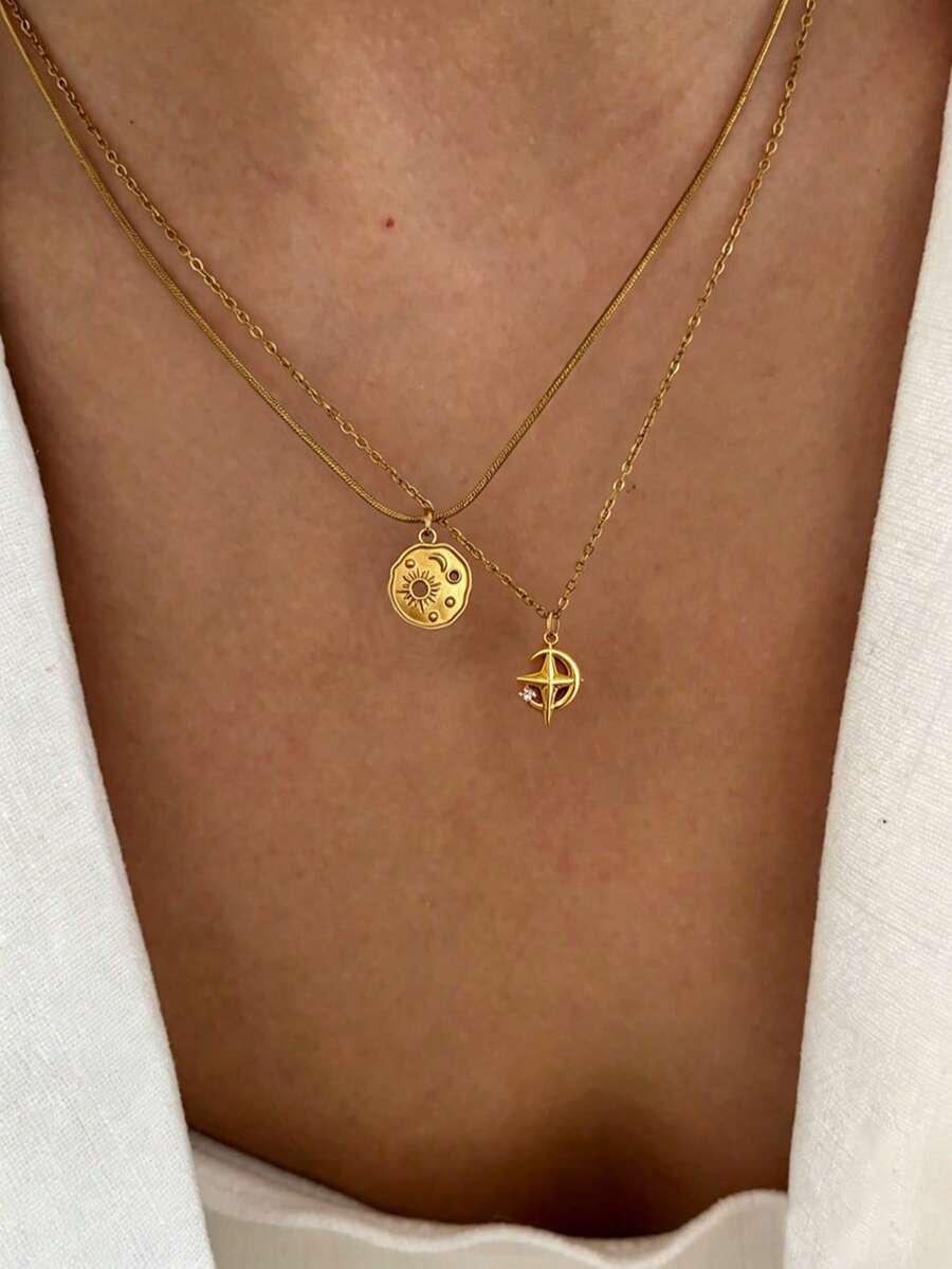 Stainless Steel Waterproof Fade-Resistant Vintage Cute Small Sun Moon Star Pattern Pendant Necklace Suitable For Women's Daily Wear - Gold - View 1