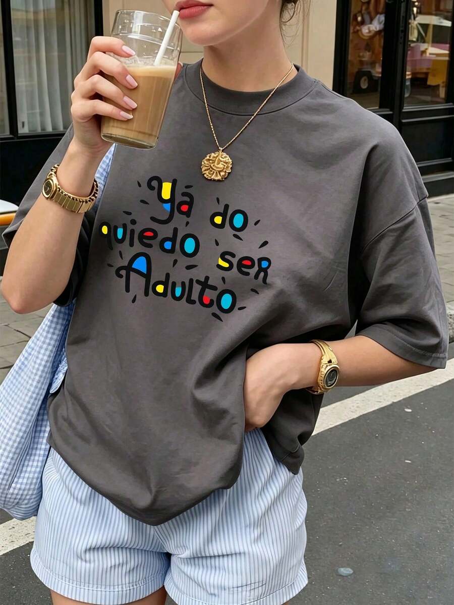 Cotton T-Shirt Round Neck Printed Blouses For Women Women's Sportswear Casual Comfortable New Loose Soft Summer Blouses For Women - 藏青色 - 查看 1