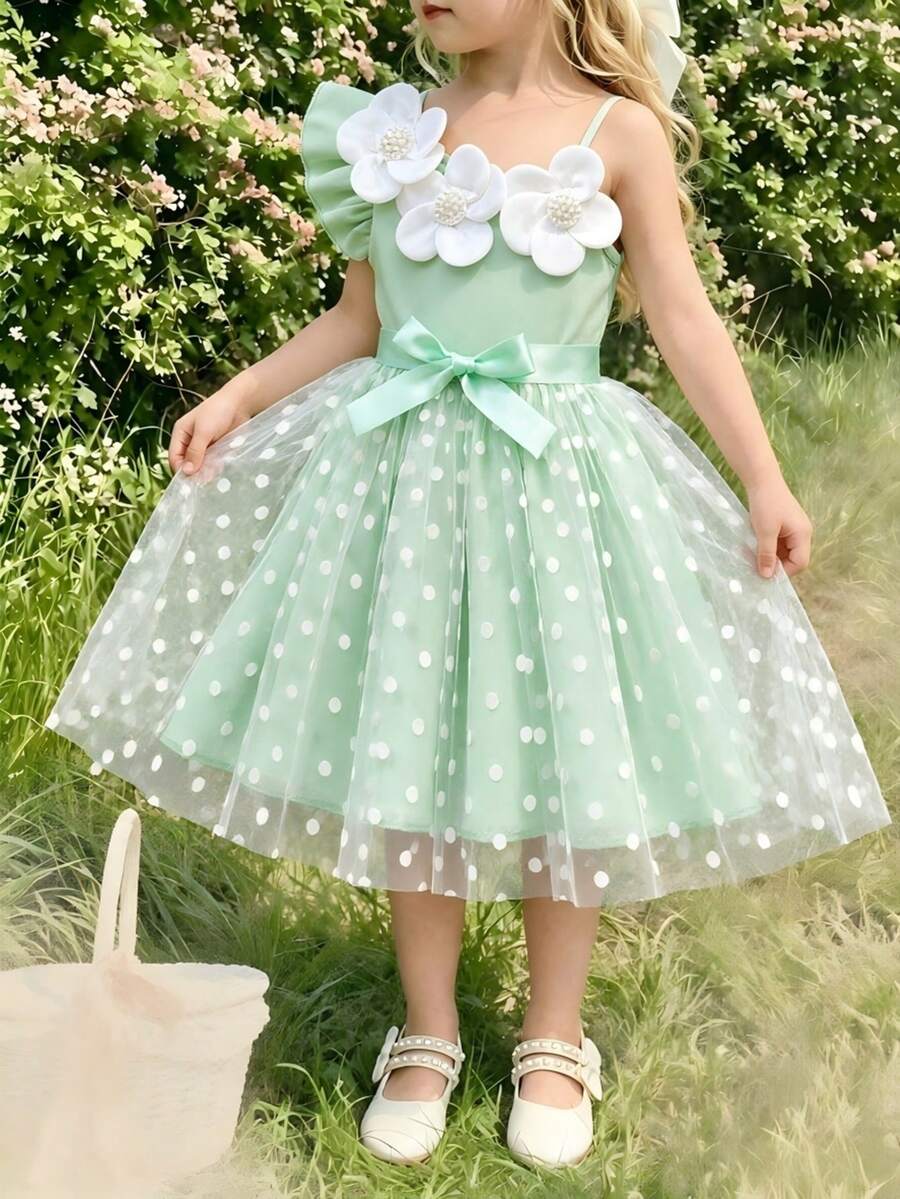 Young Girl 3D Floral Decor Asymmetric Shoulder Strap Dress With Asymmetric Ruffle Hem, Pearl Design, Mesh & Polka Dot Skirt, Princess Sweet Style - Green - View 1