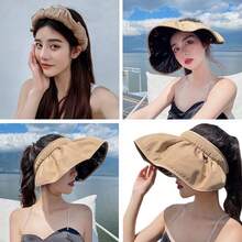 1PC Women's Foldable Wide Brim Sun Hat, UV Protection Beach Hat For Summer - Shell Cap [Black Vinyl] - View 9