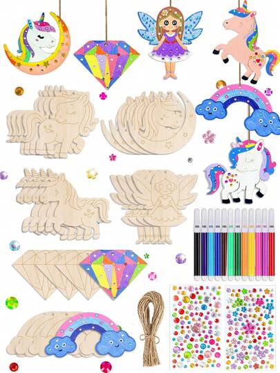 6/12/24 Pack Unicorn DIY Wooden Pendant Kit, Unfinished Wood Ornaments With Coloring Pens, Gem Stickers & Random, Hemp Rope, Creative Painting Craft Set For Summer Party, Sleepover, School Art Project, Hanging Decorations
