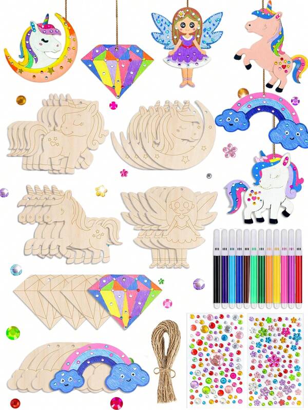 6/12/24 Pack Unicorn DIY Wooden Pendant Kit, Unfinished Wood Ornaments With Coloring Pens, Gem Stickers & Random, Hemp Rope, Creative Painting Craft Set For Summer Party, Sleepover, School Art Project, Hanging Decorations