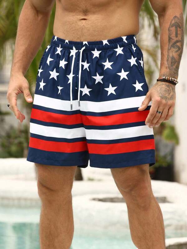 Manfinity Swimmode Men's US Flag Print Drawstring Waist Beach Shorts Holiday / Vacation / Beach / Hawaii / Tropical / Swim /  Bathing