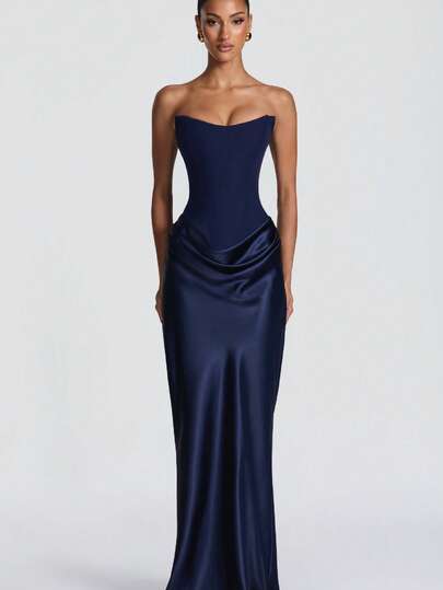 Vestidos elegantes para fiesta casuales para mujer satén liso strapless cintura ajustada cintas flotantes sensual largo nuevo europeo