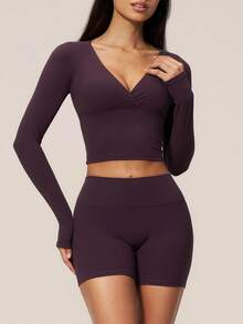 TimeOff Women's One Set Solid Color Criss-Cross Deep V-Neck Cropped Waist Long Sleeve Slim Fit Shorts Sports Set - Purple - View 6