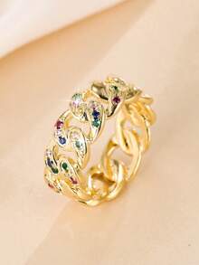1pc Women's Chain Design Colorful Rhinestone Ring, Luxury Style Hollow Band, Versatile Jewelry For Daily Commute And Date - Silver - View 6