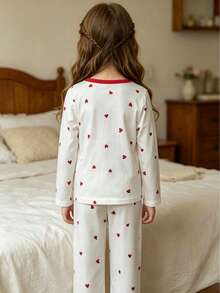 Girls Long Sleeve Crew Neck Pajama Set, Spring/Autumn Burgundy Cherry & Heart Print Contrast Red Collar Loose Straight Leg Pants, 2 Pieces Home Wear - Champagne - View 2