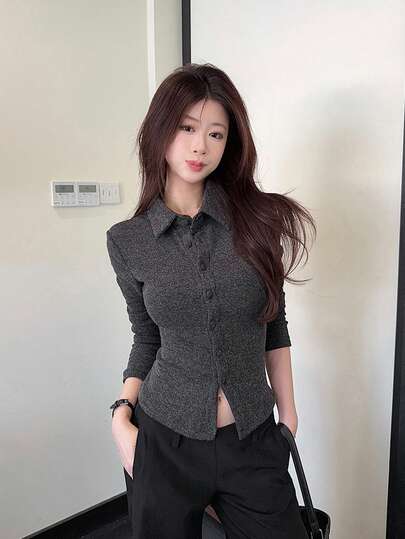 Women's Long Sleeve T-Shirt Base Layer Top, Solid Color Cardigan Style Shirt Collar Blouse, Spring/Autumn New Arrival