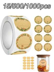 15/1000pcs Kraft Paper Stickers, Round Floral Pattern Stickers, Jar Labels, Food Storage Labels, Kitchen Labels, Gift Bag Seal Stickers, Back To School Supplies - View 1