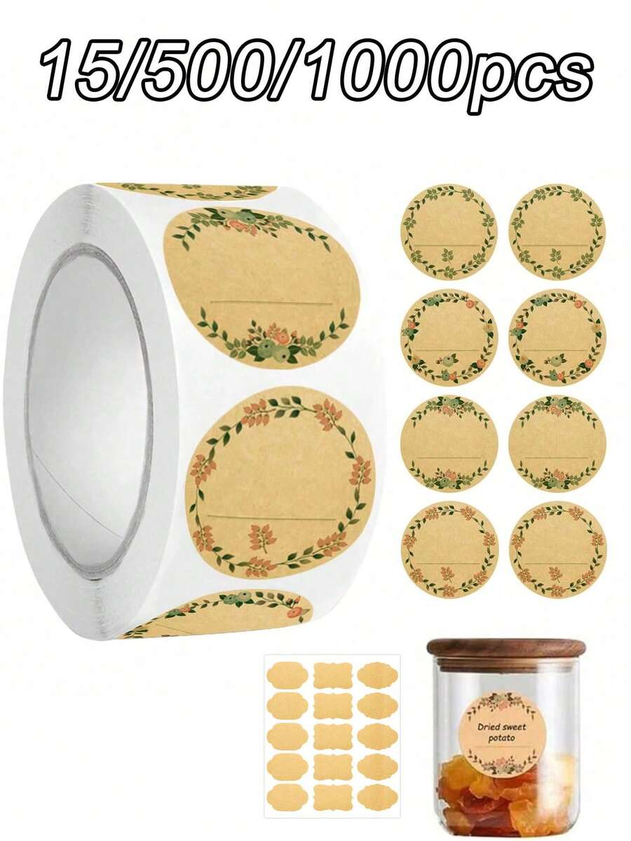 15/1000pcs Kraft Paper Stickers, Round Floral Pattern Stickers, Jar Labels, Food Storage Labels, Kitchen Labels, Gift Bag Seal Stickers, Back To School Supplies - View 1