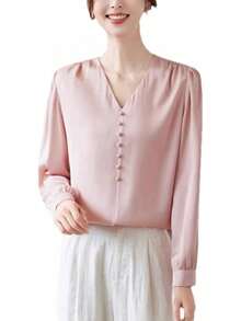 Blusa de manga larga plisada de seda con abalorio y cuello en V para mujer - Morado - Ver 13