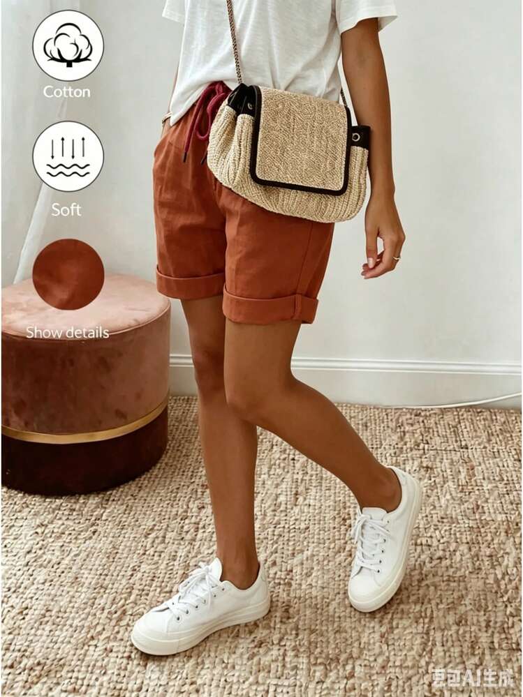 Women's Casual Linen Summer Shorts With Drawstring And Rolled Hem, Featuring Linen-Textured Fabric, An Elastic Waistband With Drawstring, And Rolled Hem Details. - 磚紅色 - 查看 3