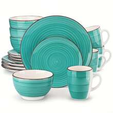 Set Of 16 Handcrafted Stoneware Plates For Dining, Serves Four - Verde - Ver 12
