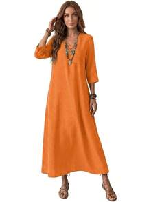 Genérico Vestido Largo de Lino de Algodón para Mujer,Manga 3/4,Vestido de Moda con Cremallera Trasera,Vestidos Largo Casual,para Playa,Invitado - Blanco - Ver 1