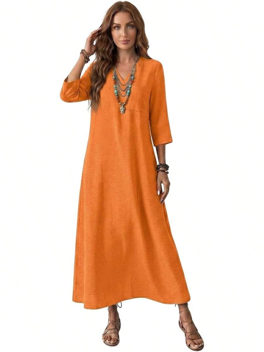 Genérico Vestido Largo de Lino de Algodón para Mujer,Manga 3/4,Vestido de Moda con Cremallera Trasera,Vestidos Largo Casual,para Playa,Invitado - Blanco - Ver 1