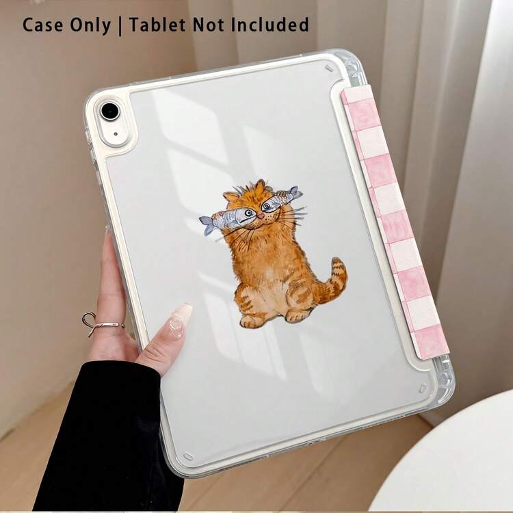 Pink Plaid, Cat And Fish Pattern Painted Effect Acrylic Crystal Tablet Protective Case With Stand, Compatible With Samsung A9/A9+/S9/S9FE/A11/A11+/S11/S10 FE/S10 FE+/S10 Lite And Other Popular Models, Also Compatible With Apple Air 5/6, SE 11, Honor, MatePad SE 11, And Other Popular Brand Models, Foldable Anti-Bend, Silicone Reinforced Corners, Auto Wake/Sleep Function, Built-In Pen Slot, Multi-Angle Foldable Stand - Style 51 - View 5