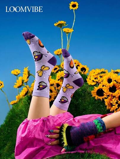 1 Pair Taro Purple Butterfly Cartoon Mid-Calf Socks, Soft Breathable Skin-Friendly, Light Purple & Dark Purple Contrast Casual Socks For Girls, Suitable For Spring/Summer Commute, Gentle Floral Outfit, Fresh Butterfly Theme Gift
