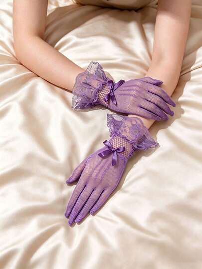 1 par de guantes de encaje morados, adecuados para fiestas, bodas, ópera, reuniones de té de la tarde y playa de verano, guantes de encaje para mujer, versátiles para uso diario, accesorio nupcial para bodas