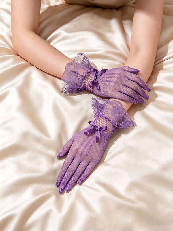 1 Pair Purple Lace Gloves, Suitable For Parties, Weddings, Opera, Afternoon Tea Gatherings And Summer Beach, Women's Lace Gloves, Versatile For Daily Wear, Wedding Bridal Accessory