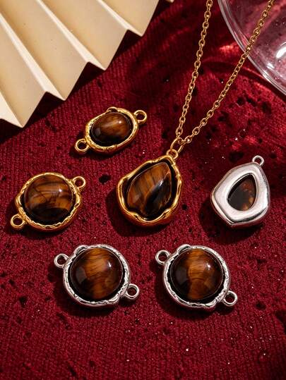 3Pcs/ Natural Tiger Eye Stone Connector Pendants, Asymmetric Hammered Edged, 18K Gold Plated 304 Stainless Steel, DIY Jewelry Making Accessories