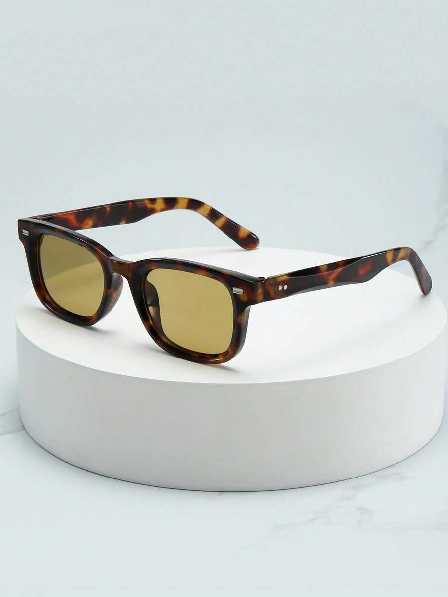 1pc Men's Rectangular Small Frame High-Quality Personalized Minimalist Fashion Glasses, Suitable For Party, Travel, Leisure, Vacation, Beach And Daily Use - Tortoise Shell Frame Yellow Green Piece - View 1