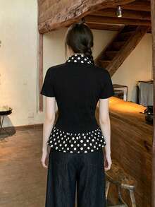 Summer New Black & Polka Dot Puff Collar Short Sleeve T-Shirt, Fitted Flattering Design, Versatile Top Casual - Black - View 8