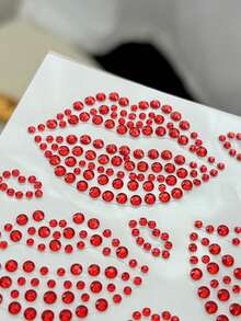 2pcs 3D Sexy Red Lip Rhinestone Face Stickers, Shiny Crystal Kiss Lip Face Jewels Gems, Temporary Face Rhinestone Stickers, For Makeup, Eyes, Hair, Body Decoration - Red - View 4