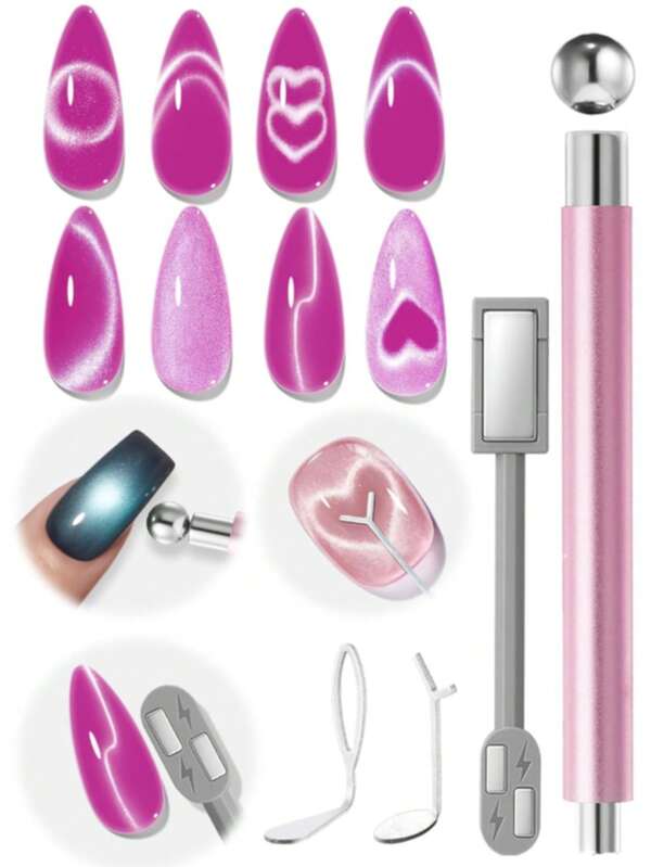 Cat Eye Magnet Set, French Cat Eye Magnet, 1/4pcs 3-In-1 Double-Ended Nail Art Magnet Pen, Includes Heart, Lightning And Ball Shapes, Suitable For Cat Eye Gel Nail Polish, Side Light Wide Light Glass Glowing Effect DIY Nail Art Tool, Nail Art Supplies, Back To School Gift For Women And Girls