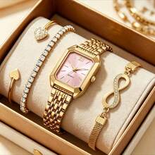 4 pièces/Set Montre classique élégante et minimaliste pour femmes avec bracelet exquis, cadran carré délicat, bracelet réglable, montre à quartz, convient pour un port quotidien, cadeau parfait pour les amies ou la famille - Rose bonbon - Voir 9