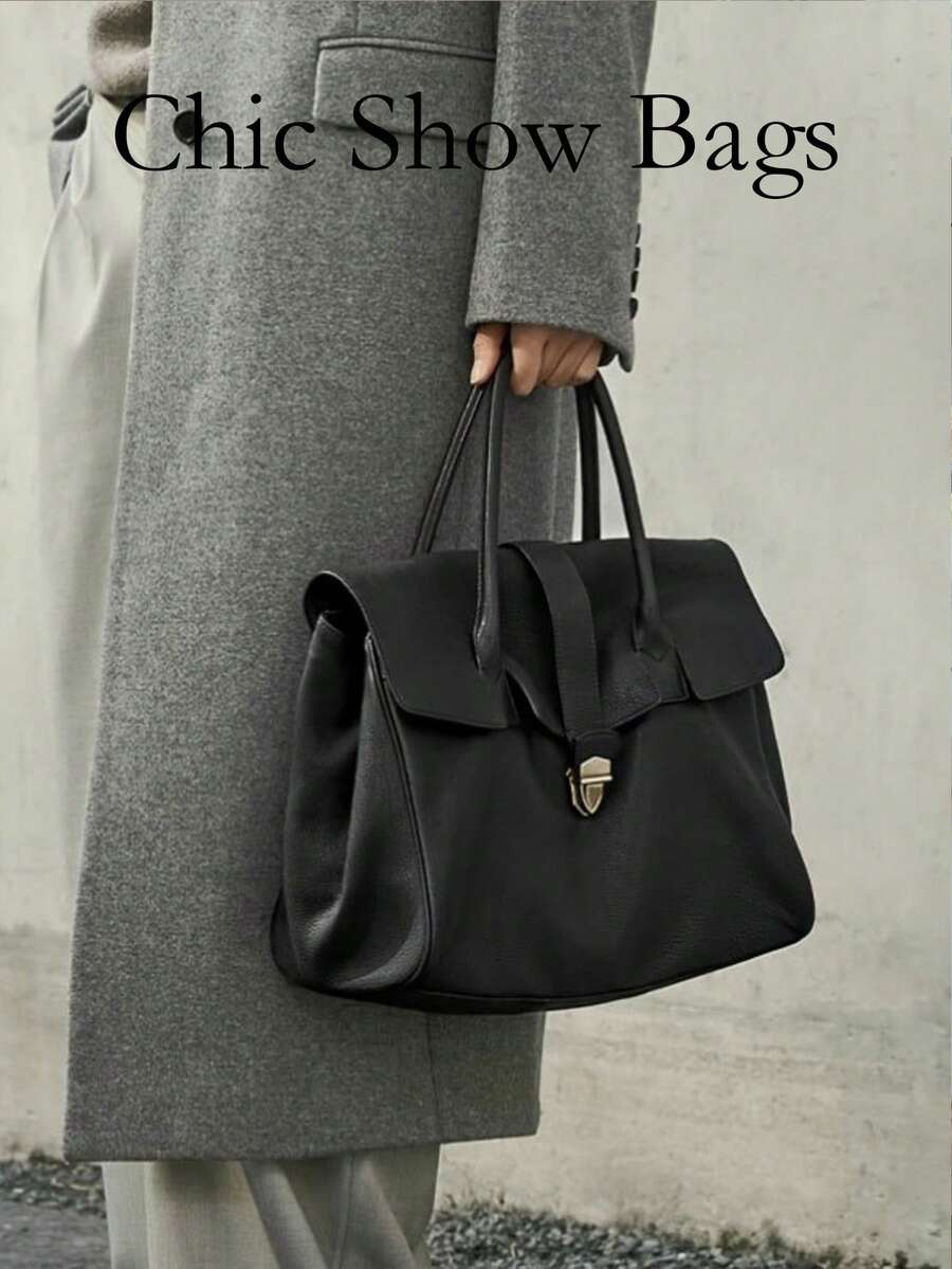 Women's Handbag And Shoulder Bag, Pure Black Soft Faux Leather Bag, Dual Top Handles, Minimalist Elegant, Suitable For Women's Office Daily Use All Seasons
