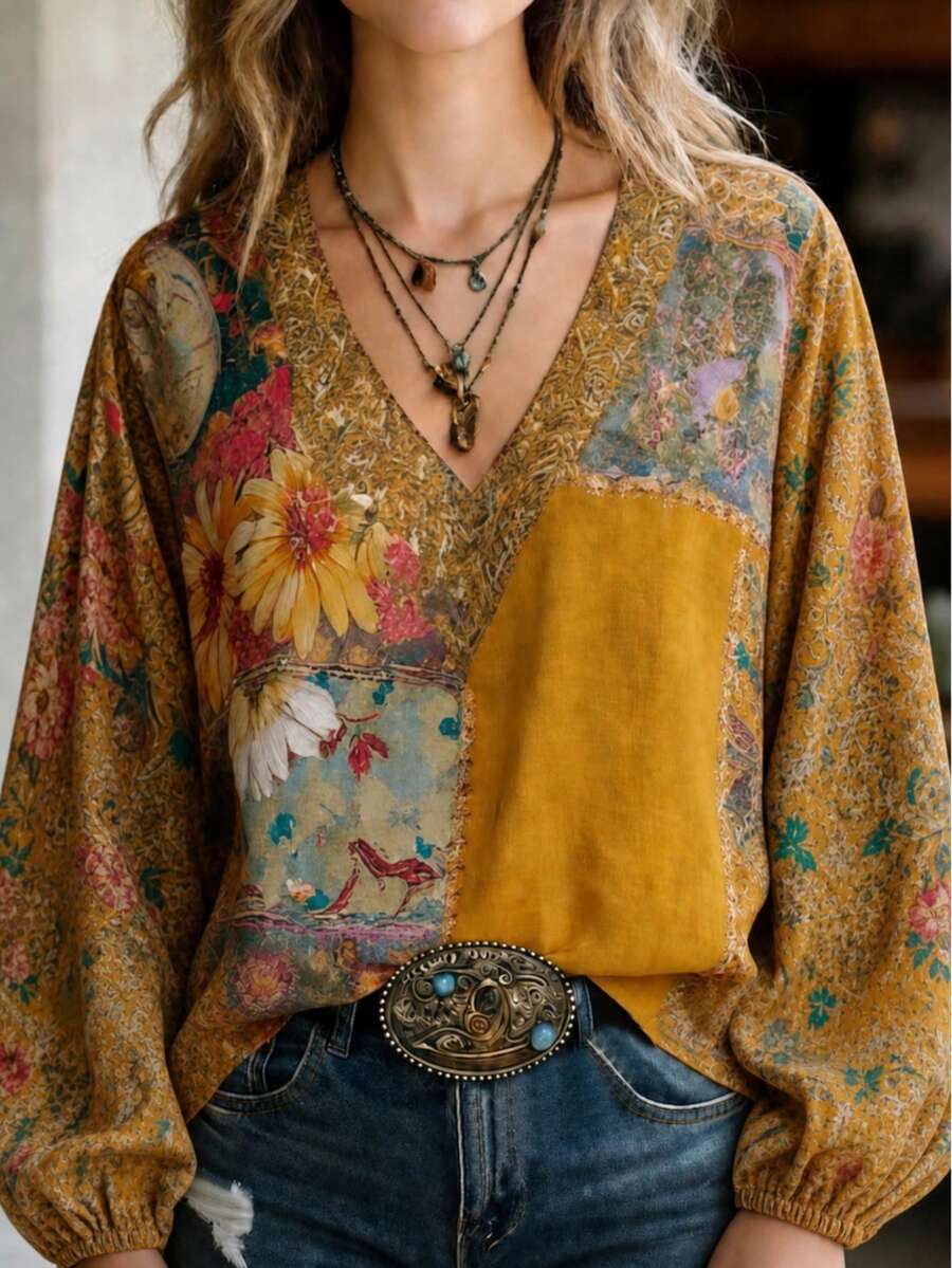 Plus Size Women's Bohemian Print Long Sleeve Patchwork Blouse, Fashionable V-Neck Regular Fit Yellow Vacation - Yellow - View 1