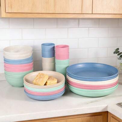 Hetorosu 16/32-Piece Unbreakable Dinnerware Set,Premium Plastic Tableware Set,  Microwave & Dishwasher Reusable Tableware Set. The Set Includes Dinner Plates, Dessert Plates,  Bowls And  Cups.